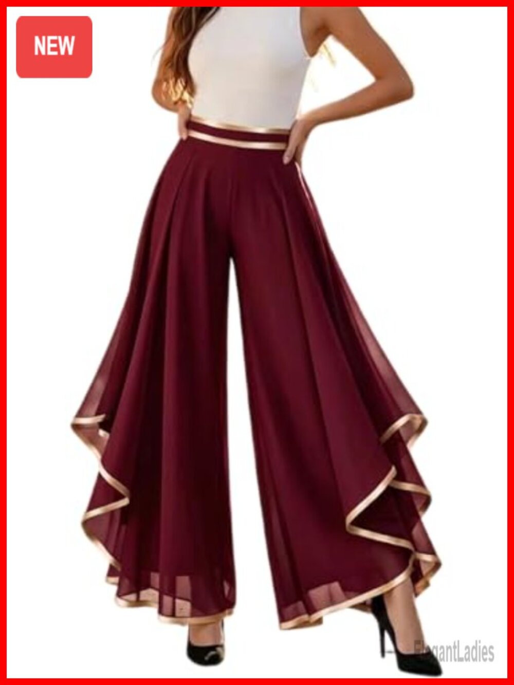 Women's Chiffon Wide Leg Dress Pants High Waisted Pleated Gold Trim Business